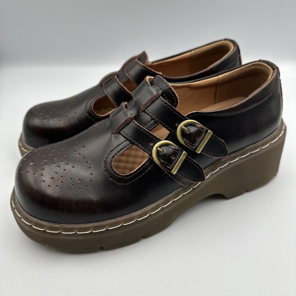 New MZDL Meizudongli Mary Jane Shoes Brown Leather Double Buckle 7.5/240 Chunky - Picture 3 of 13